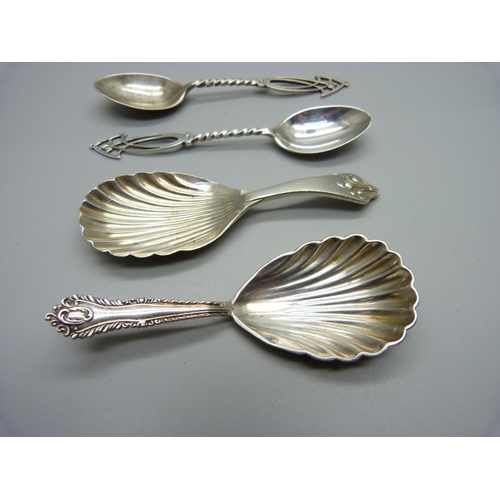 892 - Two silver caddy spoons and a pair of silver spoons by George Unite, 56g