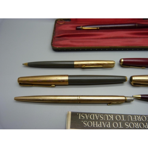 896 - Three Parker ink pens, one with 14ct gold nib, ballpoint pens and pencils