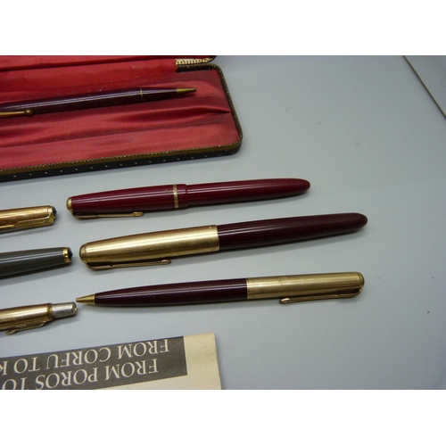 896 - Three Parker ink pens, one with 14ct gold nib, ballpoint pens and pencils