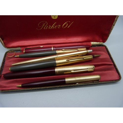 896 - Three Parker ink pens, one with 14ct gold nib, ballpoint pens and pencils