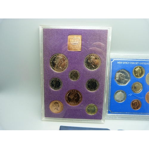 920 - A 1970 proof eight coin set, a 1985 85th Queen Mother eight coin set and two first decimal coin sets