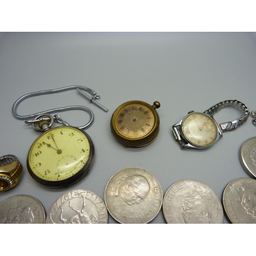 953 - Commemorative crowns, wristwatches, a silver pocket watch, copper dial pocket watch and an Oris wris... 