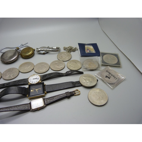 953 - Commemorative crowns, wristwatches, a silver pocket watch, copper dial pocket watch and an Oris wris... 