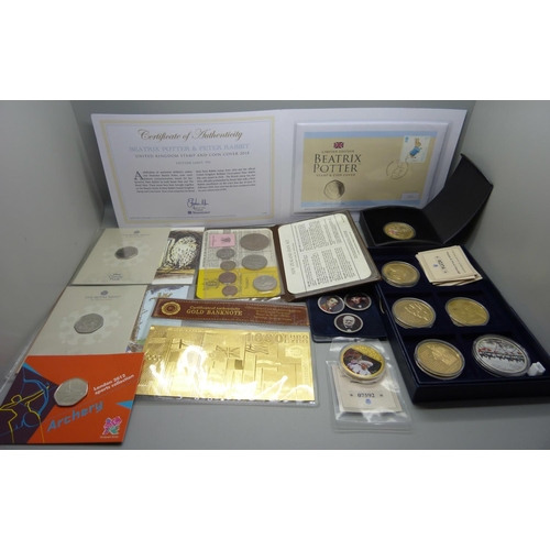 964 - A folder of Pantomime commemorative cover collection coins and a collection of British and foreign c... 