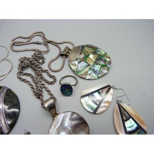 972 - A collection of silver and white metal jewellery, set with mother of pearl and abalone