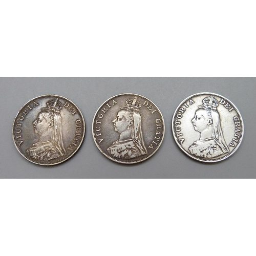 974 - Three Victorian double florins, 1887, 1889 and 1890