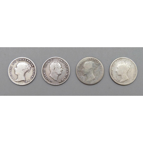 976 - Four four pence coins, three Victorian and one William IV