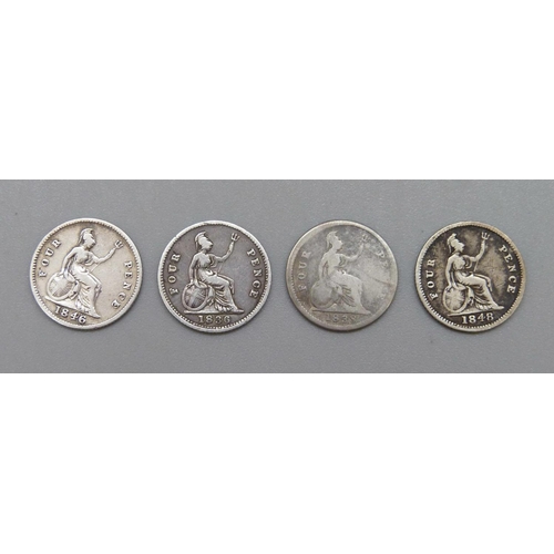 976 - Four four pence coins, three Victorian and one William IV