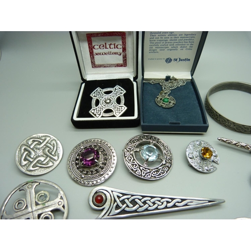 980 - A collection of pewter and other Celtic jewellery