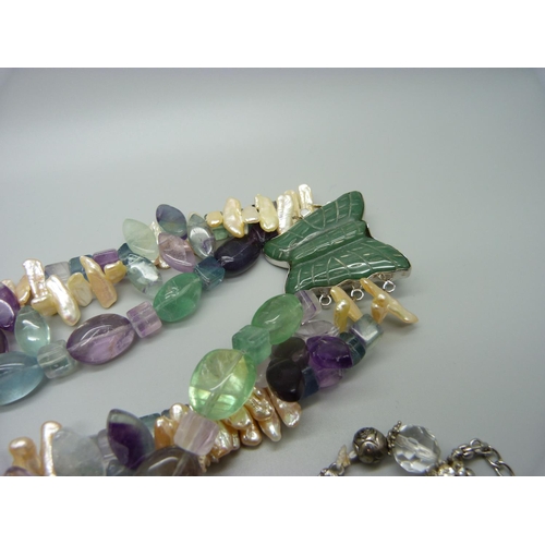 984 - A collection of gemstone jewellery, butterfly clasp silver