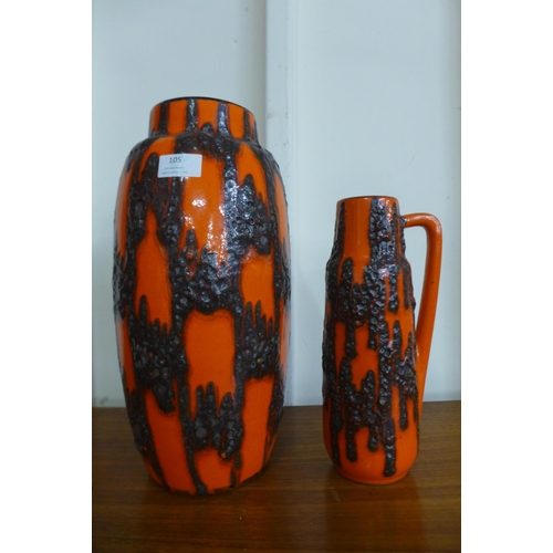 105 - A West German 553-38 Scheurich Keramik fat lava glazed vase, a/f and a West German 275-28 fat lava p... 