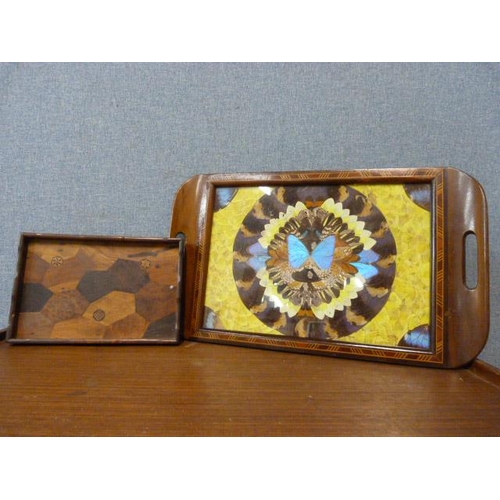 372 - A Brazilian teak and butterfly wing tray and a Japanese marquetry tray