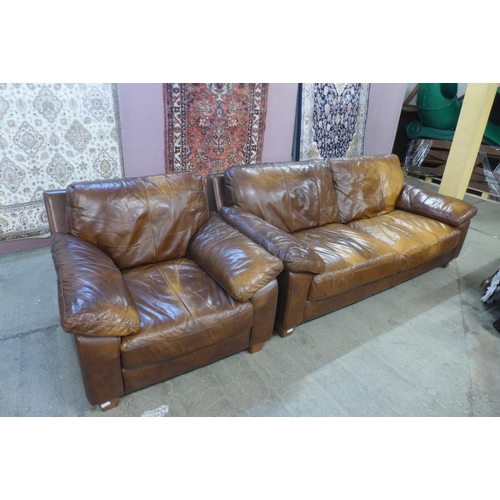 1622 - A brown leather three seater sofa and armchair