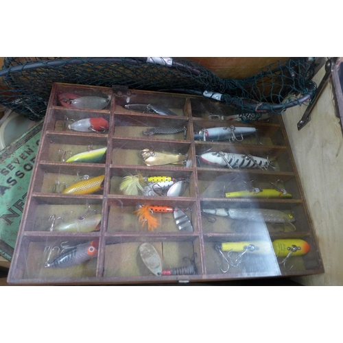 2077 - Vintage wooden fishing box with approx. 50 items of fishing tackle includes bait, floats, etc.