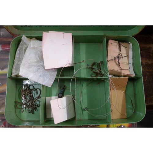 2077 - Vintage wooden fishing box with approx. 50 items of fishing tackle includes bait, floats, etc.