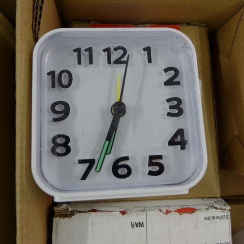 2085 - Job lot of approx. 60 boxed & unused alarm clocks iPad covers, Pashaphones boxed and a box of door s... 