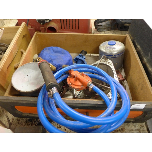 2148 - Gas cooking canisters, oxy acetylene torch, facemask, regulator and more