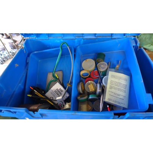 2164 - Shakespeare fishing box with contents inc. floats, reel, bait, boxes, nets and a small qty. of rods