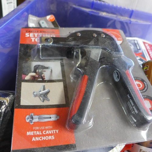 2173 - Box of assorted joinery hardware: screws, tape, drill bits, many screws etc.