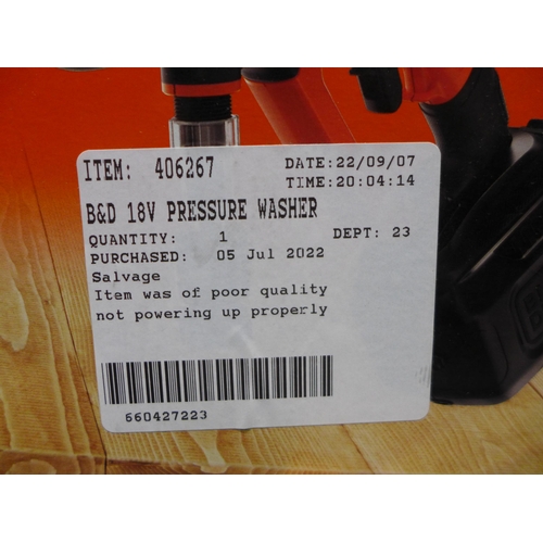 3072 - Black & Decker cordless 18V Pressure Washer    (276-100)  * This lot is subject to vat