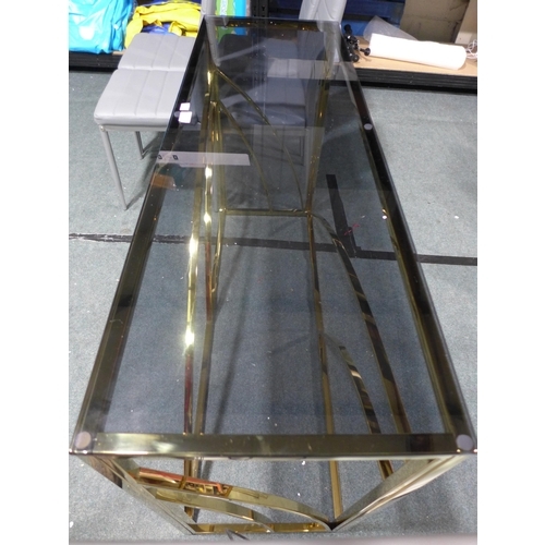 3160 - Gold metal and smoked glass console table