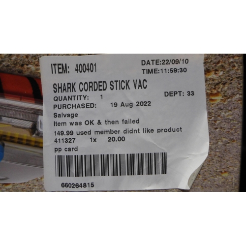 3203 - Shark Corded Stick Vacuum Cleaner (HZ400UKT), original RRP £149.99 + VAT (273-230) * This lot is sub... 