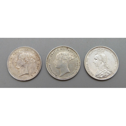 997 - Three sixpence coins, 1886 and two 1887, (1887 young and veiled)