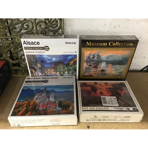 2198 - 4 1,000 piece jigsaws, Stone Castle, Monet's Soleil Levant, Hot Air balloons, Alsace scene, sealed