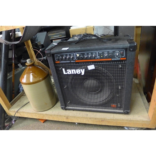 2248 - Laney Linebacker guitar practice amplifier and gallon pot beer keg