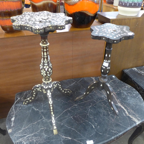 250 - Two Anglo-Indian hardwood and mother of pearl inlaid tripod jardiniere stands