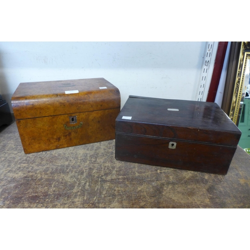 446 - A Victorian burr walnut lady's vanity box and a Victorian rosewood box