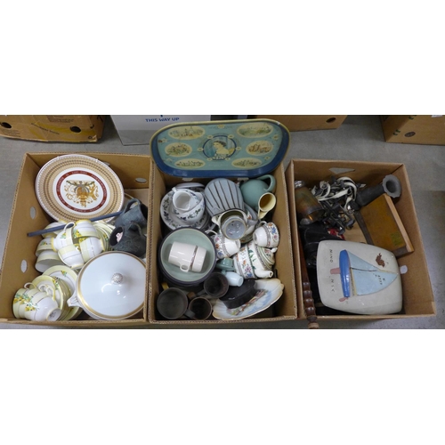 1191 - Three boxes of mixed china and metalwares including an Aynsley tea set, vintage ice skates, etc. **P... 