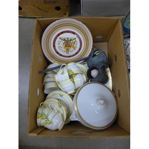 1191 - Three boxes of mixed china and metalwares including an Aynsley tea set, vintage ice skates, etc. **P... 