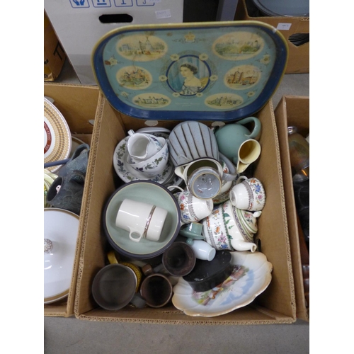 1191 - Three boxes of mixed china and metalwares including an Aynsley tea set, vintage ice skates, etc. **P... 