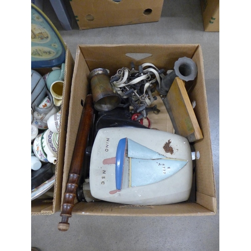 1191 - Three boxes of mixed china and metalwares including an Aynsley tea set, vintage ice skates, etc. **P... 