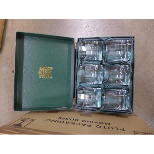 1193 - Two boxes of mixed glass, House of Commons whisky tumblers, etc. **PLEASE NOTE THIS LOT IS NOT ELIGI... 