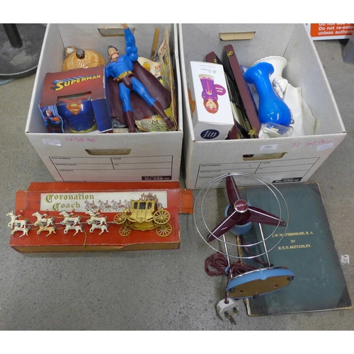 1205 - Two boxes of assorted items, Pifco fan, Superman mug, Coronation coach, etc. **PLEASE NOTE THIS LOT ... 