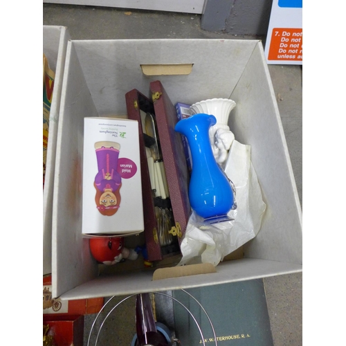 1205 - Two boxes of assorted items, Pifco fan, Superman mug, Coronation coach, etc. **PLEASE NOTE THIS LOT ... 