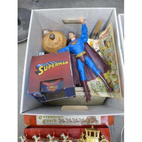 1205 - Two boxes of assorted items, Pifco fan, Superman mug, Coronation coach, etc. **PLEASE NOTE THIS LOT ... 