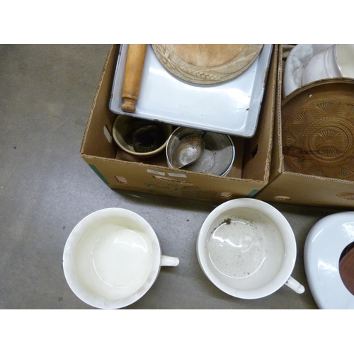 1209 - Two boxes of mixed enamel kitchenware, chamber pots, etc. **PLEASE NOTE THIS LOT IS NOT ELIGIBLE FOR... 