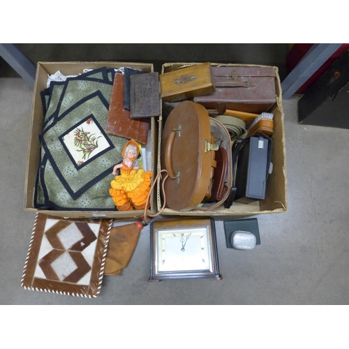 1214 - A box of linen and a box of leather and other goods, Art Deco Elliott mantel clock, etc. **PLEASE NO... 