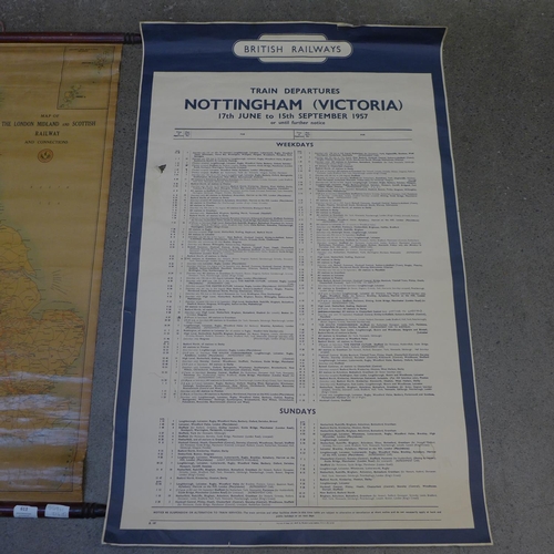 613 - A British Railways Nottingham Victoria Train Departures poster (a/f) and a map of The London Midland... 