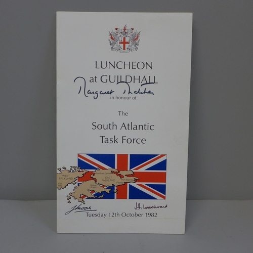 641A - A luncheon menu for The South Atlantic Task Force, signed by Margaret Thatcher, Jeremy Moore and Joh... 