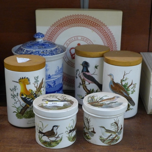 655 - A Spode's Italian blue and white storage jar and five Portmeirion storage jars