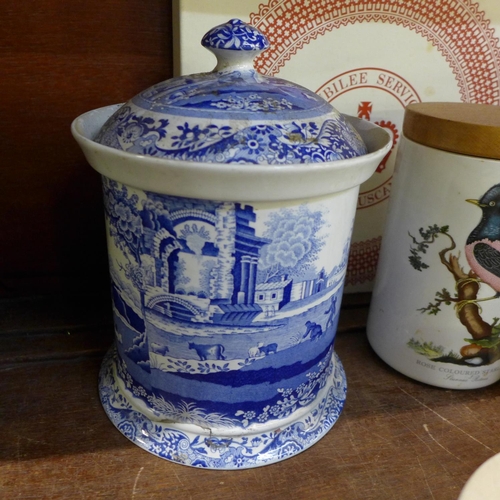 655 - A Spode's Italian blue and white storage jar and five Portmeirion storage jars