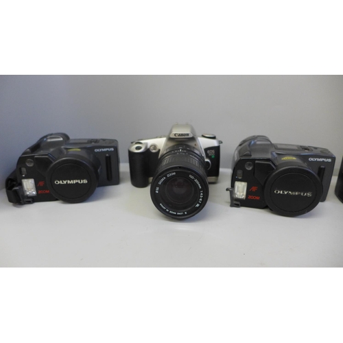 659 - Five 35mm cameras and lenses, Minolta Dynax 3000i, 5000i, Olympus AZ-300 Super Zoom (x2) and Canon E... 