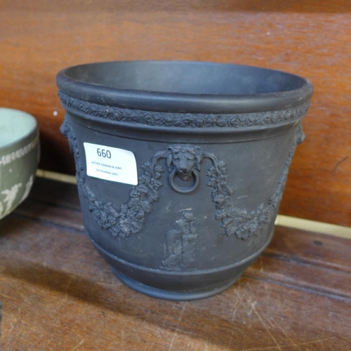 660 - A Wedgwood black basalt planter, a bowl, a Jasperware bowl and a pair of Losol candlesticks