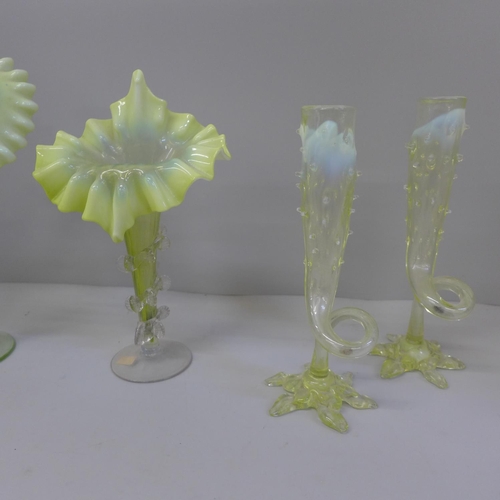 663 - Two Victorian vaseline glass Jack in the Pulpit vases, circa 1880 and two vaseline glass vases