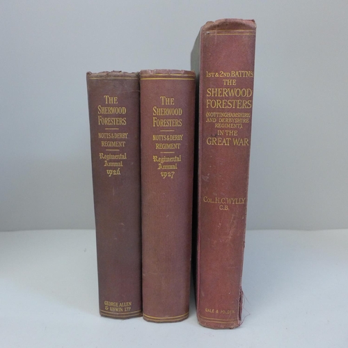 680 - The Sherwood Foresters Notts & Derby Regiment Annuals, 1926 and 1927 and one other volume, 1st and 2... 