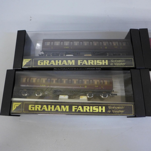 684 - A Graham Farish model raliway N gauge pannier tank engine and three coaches (boxed)